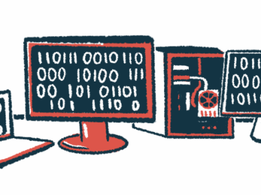 An illustration of a computer laptop, computer monitor, and processor.