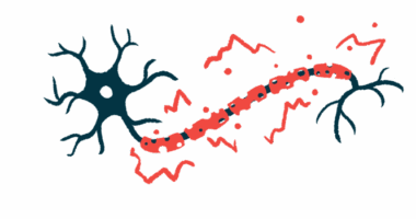 Illustration of a nerve cell and a segmented peripheral nerve, with red highlights suggesting nerve changes or damage.