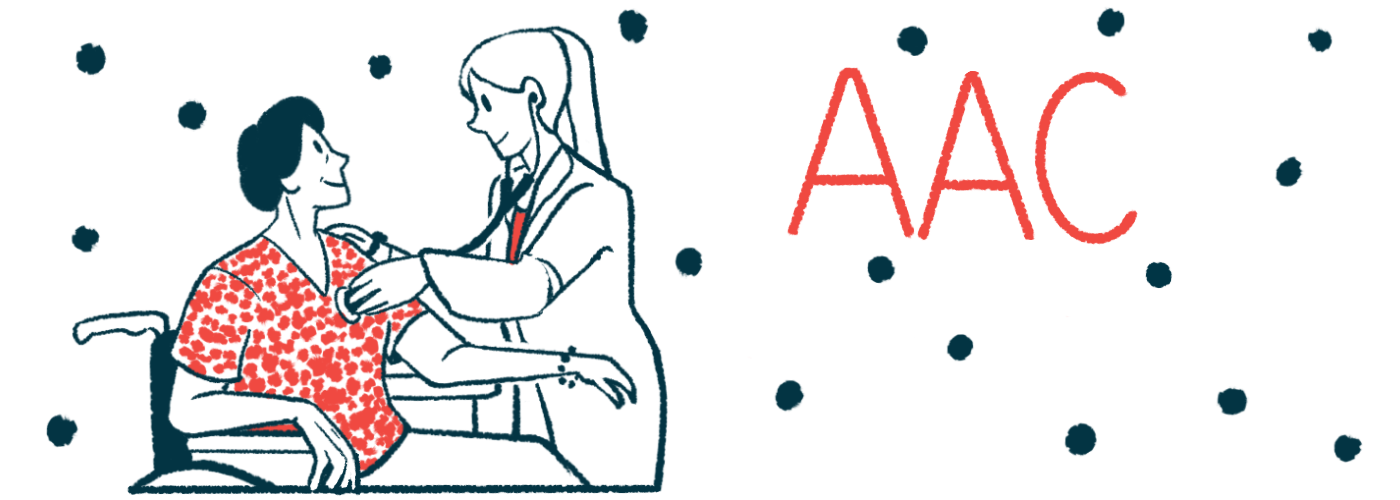 The acronym AAC is seen in large red letters alongside a doctor using a stethoscope to examine a patient sitting in a wheelchair.
