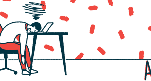 The acronym AAC is seen on the floor nearby a person seated at a table but sleeping on a laptop keyboard.