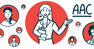 Illustration of a woman waring a microphone and holding a clipboard with other heads in bubbles around her, and the letters AAC.