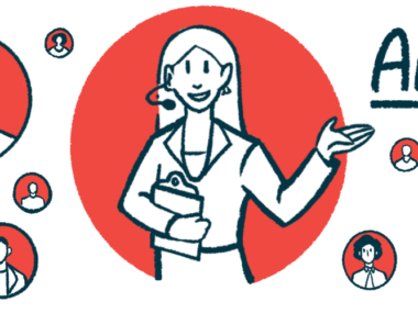 Illustration of a woman waring a microphone and holding a clipboard with other heads in bubbles around her, and the letters AAC.