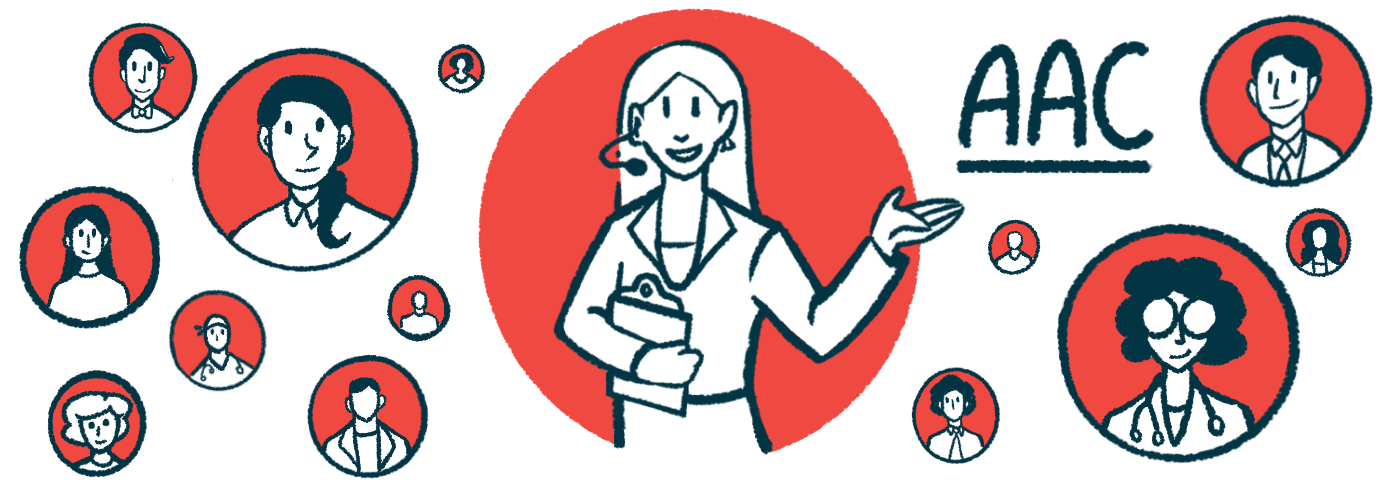 Illustration of a woman waring a microphone and holding a clipboard with other heads in bubbles around her, and the letters AAC.