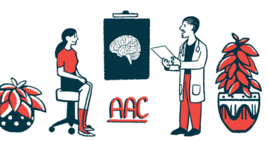 A brain image with the acronym AAC under it are seen between a doctor standing to the right and a patient seated to the left.