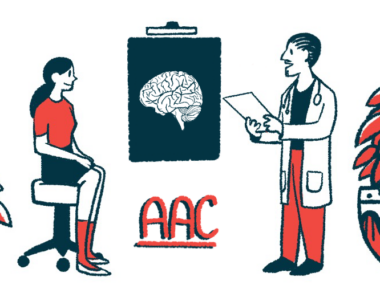 A brain image with the acronym AAC under it are seen between a doctor standing to the right and a patient seated to the left.