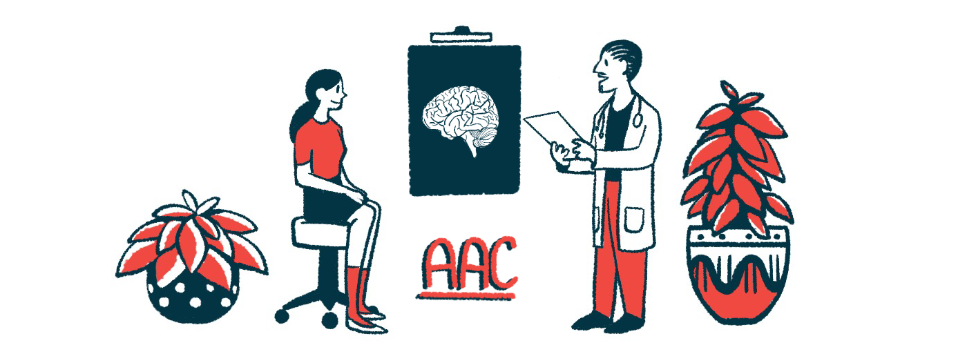 A brain image with the acronym AAC under it are seen between a doctor standing to the right and a patient seated to the left.