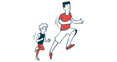 A man and a child run alongside each other.