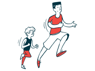 A man and a child run alongside each other.