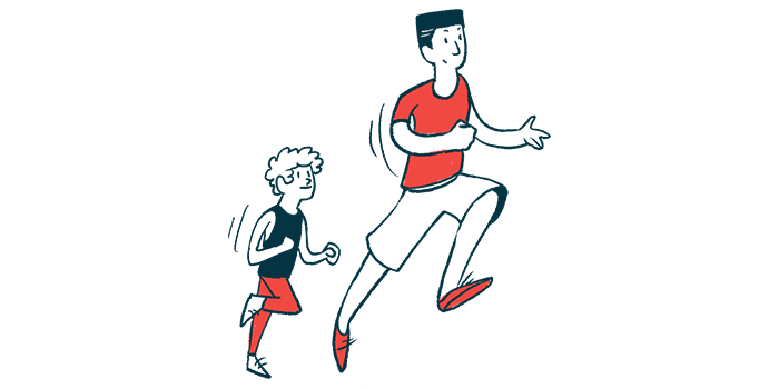 A man and a child run alongside each other.