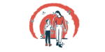 A mother and son walk while holding hands and looking at each other.